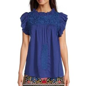 J. Marie Woven Embroidered Ruffled Cap Sleeve Top Size L In Cobalt Blue